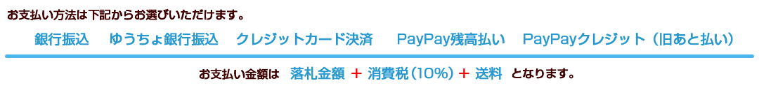 お支払い方法は、お振込み ・ Yahoo!かんたん決済 ・ 代金引換（クロネコヤマト宅急便コレクト） からお選び頂けます。